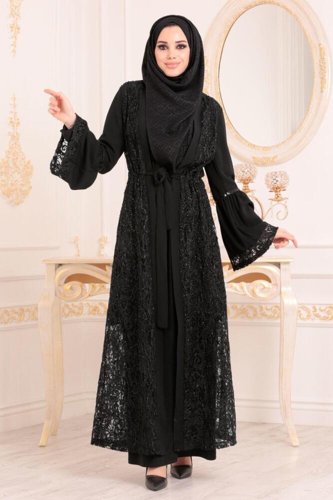 Nayla Collection - Dantelli Siyah Tesettür Abaya 9695S - 1