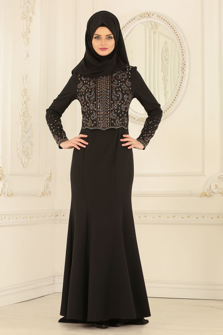 Nayla Collection - Dantelli Siyah Tesettür Abiye Elbise 20110S