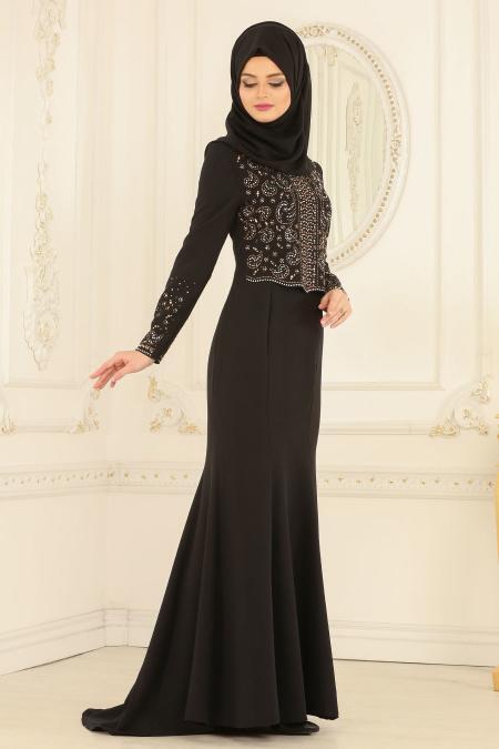 Nayla Collection - Dantelli Siyah Tesettür Abiye Elbise 20110S - 2