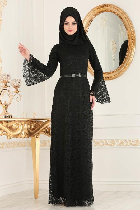Nayla Collection - Dantelli Siyah Tesettür Abiye Elbise 39063S - 2