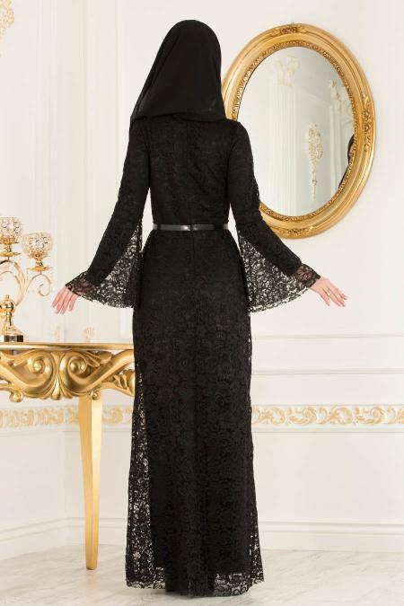 Nayla Collection - Dantelli Siyah Tesettür Abiye Elbise 39063S - 3
