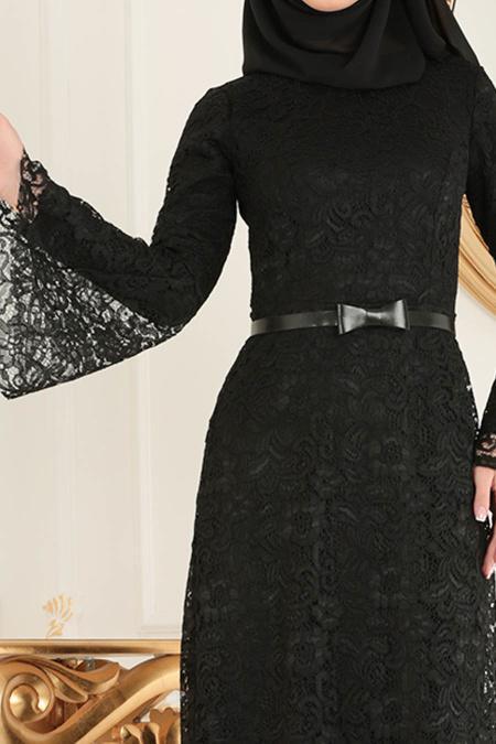 Nayla Collection - Dantelli Siyah Tesettür Abiye Elbise 39063S - 4
