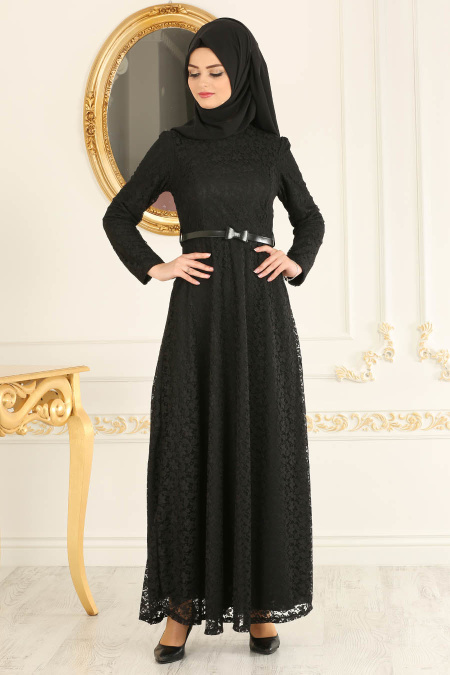 Nayla Collection - Dantelli Siyah Tesettür Abiye Elbise 4134S
