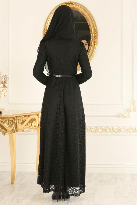 Nayla Collection - Dantelli Siyah Tesettür Abiye Elbise 4134S - 2