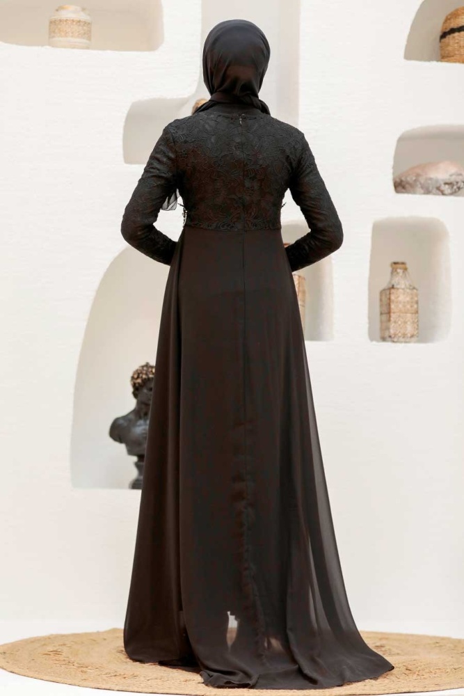 Nayla Collection - Dantelli Siyah Tesettür Abiye Elbise 9105S - 4
