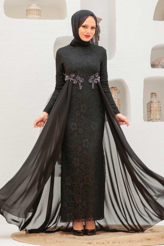 Nayla Collection - Dantelli Siyah Tesettür Abiye Elbise 9105S - 1