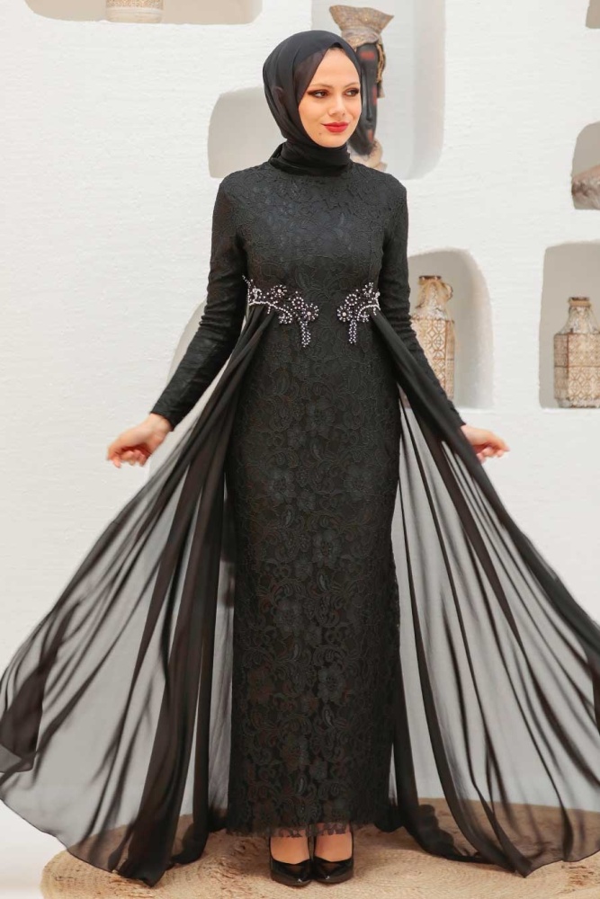 Nayla Collection - Dantelli Siyah Tesettür Abiye Elbise 9105S - 3
