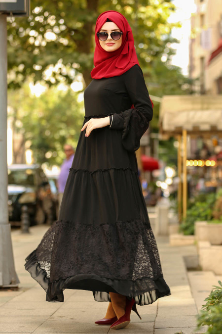 Nayla Collection - Dantelli Siyah Tesettür Elbise 100415S