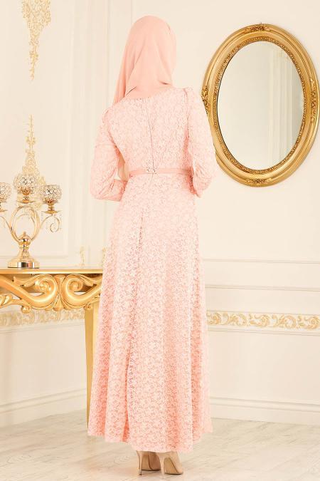 Nayla Collection - Dantelli Somon Tesettür Abiye Elbise 4134SMN - 2