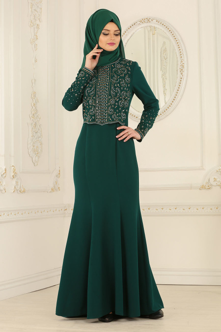 Nayla Collection - Dantelli Yeşil Tesettür Abiye Elbise 20110Y