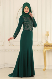 Nayla Collection - Dantelli Yeşil Tesettür Abiye Elbise 20110Y - Thumbnail