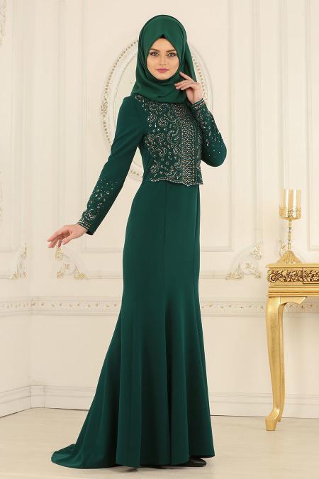 Nayla Collection - Dantelli Yeşil Tesettür Abiye Elbise 20110Y - 2