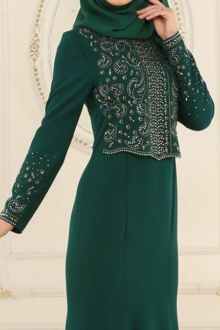Nayla Collection - Dantelli Yeşil Tesettür Abiye Elbise 20110Y - 4