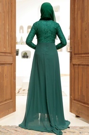 Nayla Collection - Dantelli Yeşil Tesettür Abiye Elbise 9105Y - Thumbnail