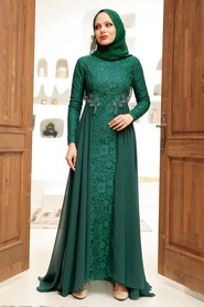 Nayla Collection - Dantelli Yeşil Tesettür Abiye Elbise 9105Y - Thumbnail