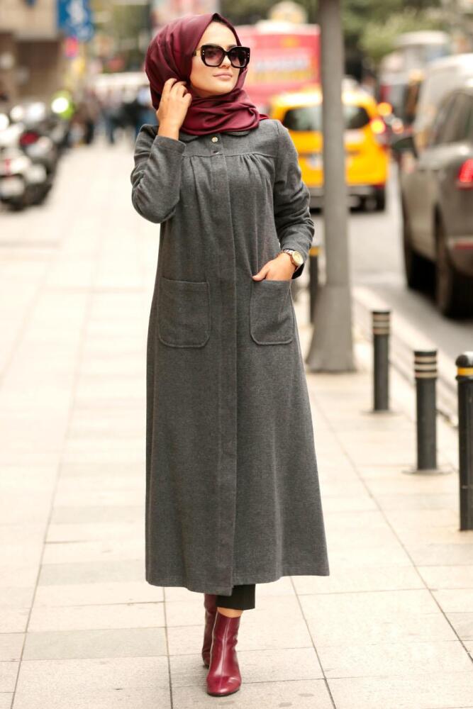 Nayla Collection - Dark Grey Hijab Coat 2445KGR - 1