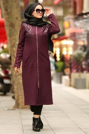 Nayla Collection - Dark Purple Hijab Coat 9047MU - 1