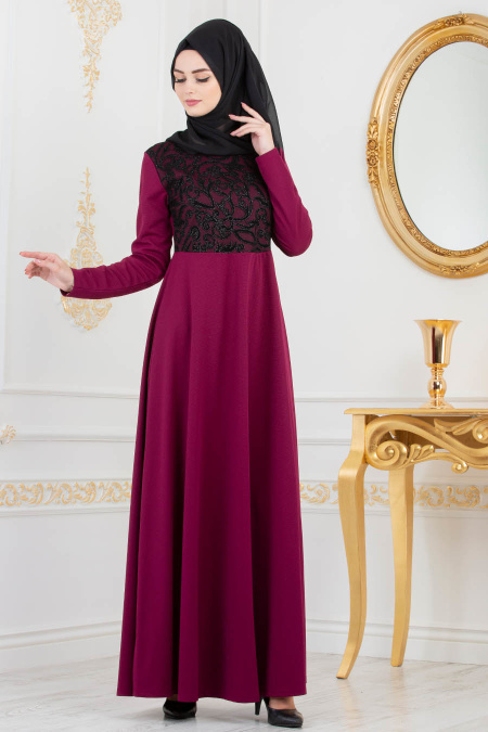 -Nayla Collection -Dark Purple Hijab Dress 79270MU