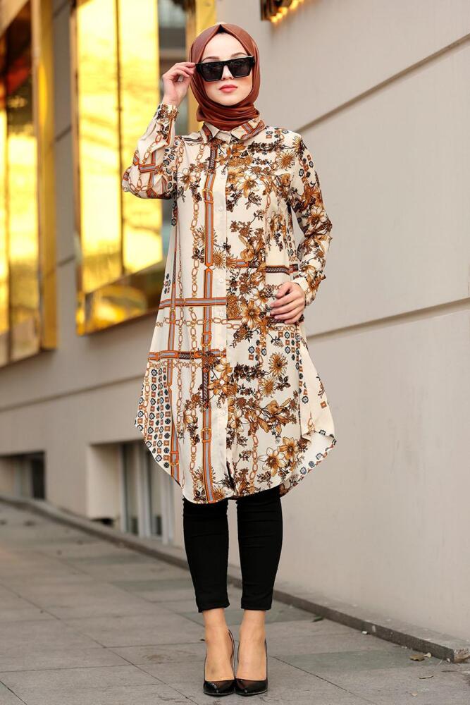 Nayla Collection - Desenli Bej Tesettür Tunik 3355BEJ - 2