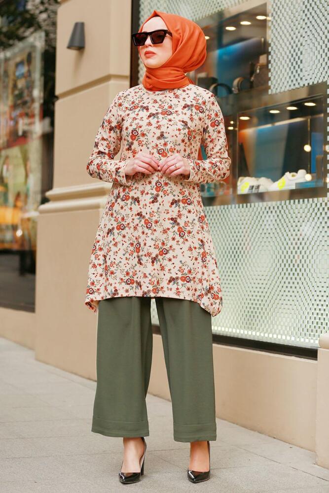 Nayla Collection - Desenli Bej Tesettür Tunik 40454BEJ - 1