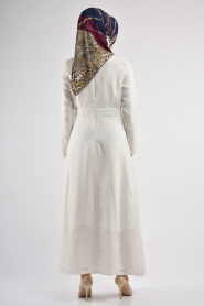 Nayla Collection - Desenli Beyaz Tesettür Elbise 489B - Thumbnail