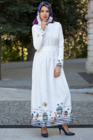 Nayla Collection - Desenli Beyaz Tesettür Elbise 511-01B - Thumbnail