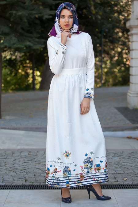 Nayla Collection - Desenli Beyaz Tesettür Elbise 511-01B