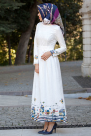 Nayla Collection - Desenli Beyaz Tesettür Elbise 511-01B - Thumbnail