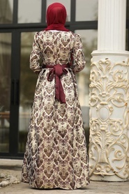 Nayla Collection - Desenli Bordo Jakarlı Tesettür Abiye Elbise 82454BR - Thumbnail