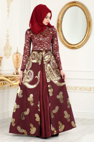 Nayla Collection - Desenli Bordo Jakarlı Tesettür Abiye Elbise 82456BR - Thumbnail