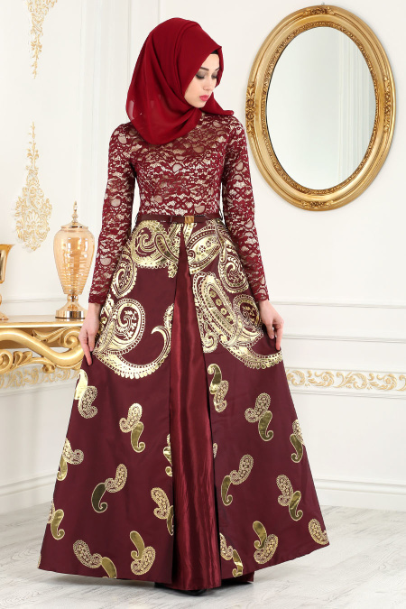 Nayla Collection - Desenli Bordo Jakarlı Tesettür Abiye Elbise 82456BR