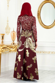 Nayla Collection - Desenli Bordo Jakarlı Tesettür Abiye Elbise 82456BR - Thumbnail