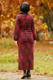 Nayla Collection - Desenli Bordo Tesettür Elbise 100548BR - Thumbnail