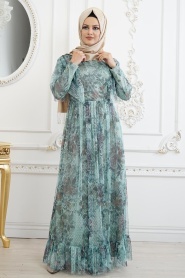 Nayla Collection - Desenli Çağla Yeşili Tesettür Elbise 8262CY - Thumbnail