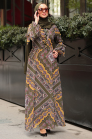 Nayla Collection - Desenli Haki Tesettür Elbise 10370HK - Thumbnail