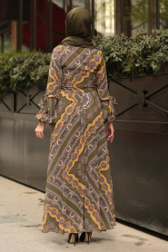 Nayla Collection - Desenli Haki Tesettür Elbise 10370HK - Thumbnail