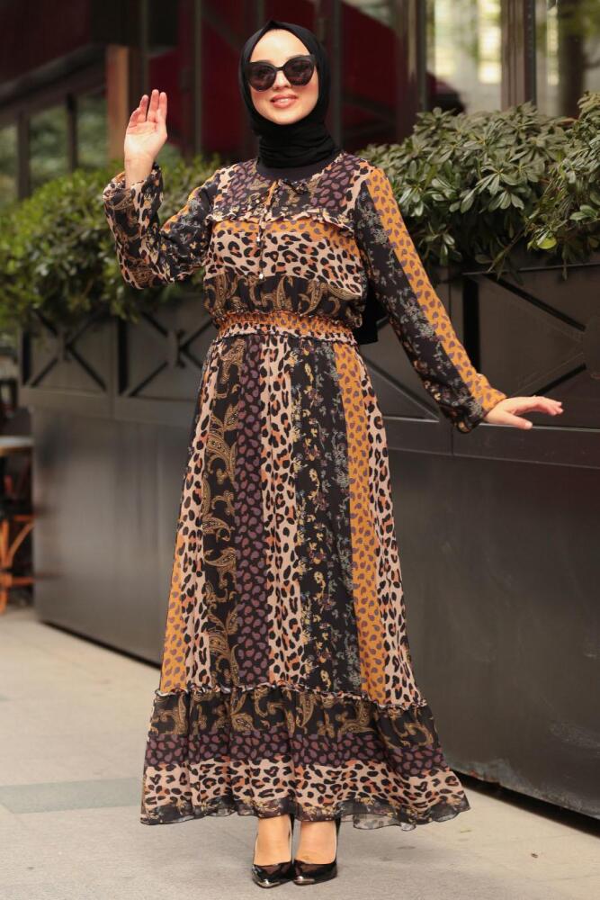 Nayla Collection - Desenli Hardal Tesettür Elbise 10373HR - 1