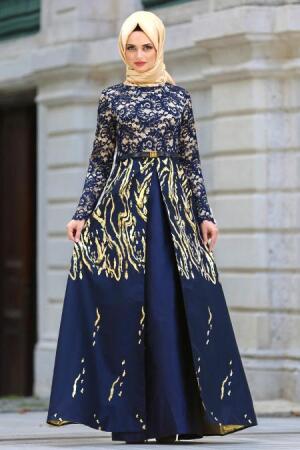 Nayla Collection - Desenli Jakarlı Lacivert Tesettür Abiye Elbise 82442L - 1