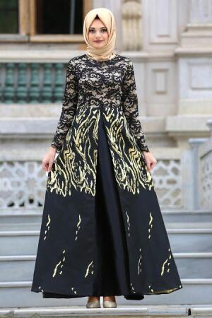 Nayla Collection - Desenli Jakarlı Siyah Tesettür Abiye Elbise 82442S - 1
