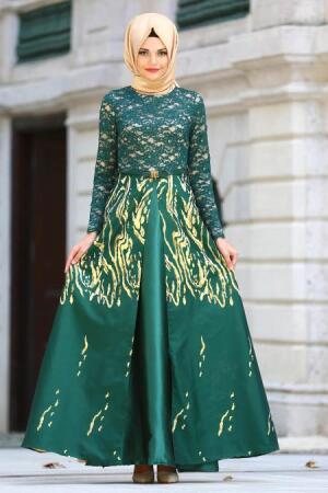 Nayla Collection - Desenli Jakarlı Yeşil Tesettür Abiye Elbise 82442Y - 1