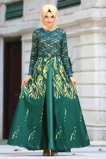 Nayla Collection - Desenli Jakarlı Yeşil Tesettür Abiye Elbise 82442Y