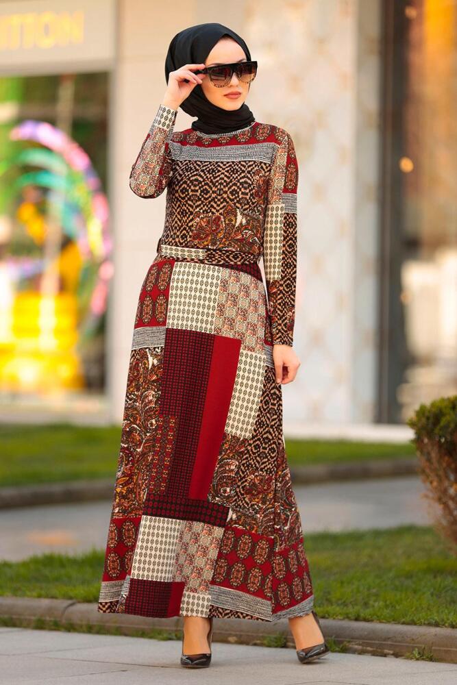 Nayla Collection - Desenli Kiremit Tesettür Elbise 10170KRMT - 2