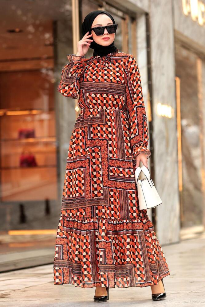 Nayla Collection - Desenli Kiremit Tesettür Elbise 1189KRMT - 1