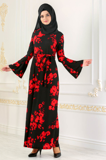 Nayla Collection - Desenli Kırmızı Tesettür Elbise 967K