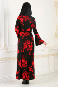 Nayla Collection - Desenli Kırmızı Tesettür Elbise 967K - Thumbnail