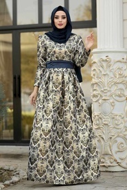 Nayla Collection - Desenli Lacivert Jakarlı Tesettür Abiye Elbise 82454L - Thumbnail