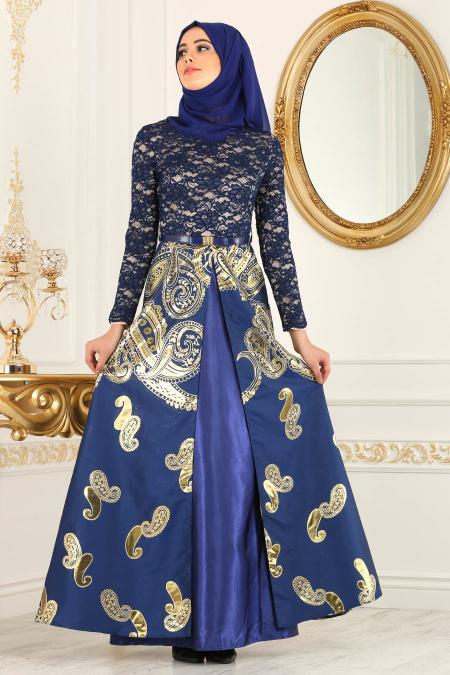 Nayla Collection - Desenli Lacivert Sax Mavisi Tesettür Abiye Elbise 82456SX - 1