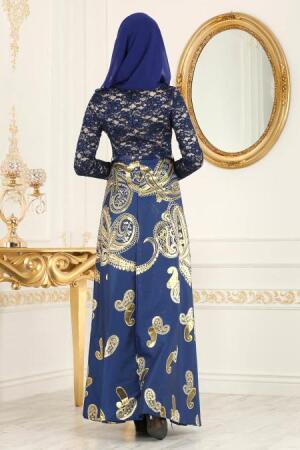 Nayla Collection - Desenli Lacivert Sax Mavisi Tesettür Abiye Elbise 82456SX - 2