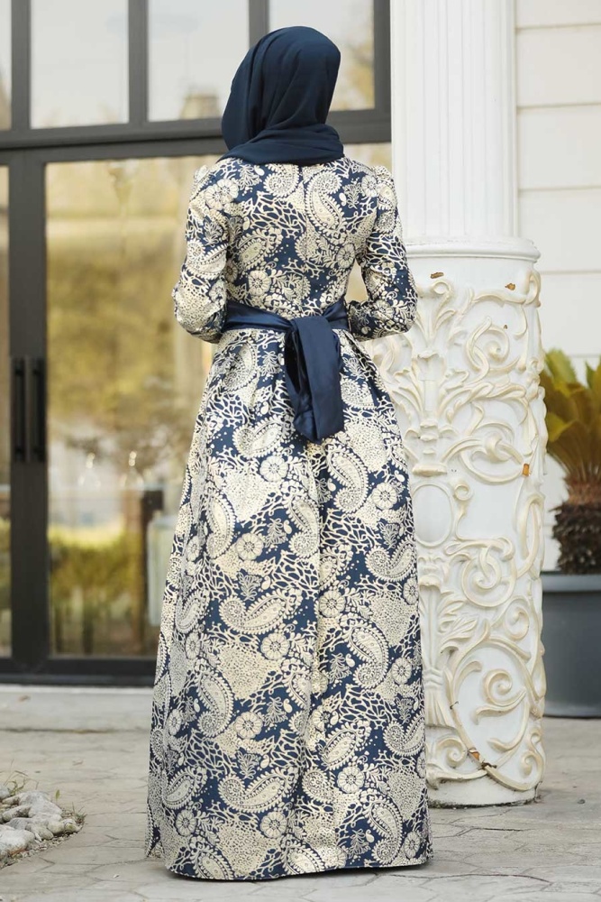 Nayla Collection - Desenli Lacivert Tesettür Abiye Elbise 82449L - 2