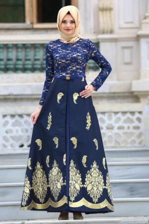 Nayla Collection - Desenli Lacivert Tesettür Abiye Elbise 82450L - 1